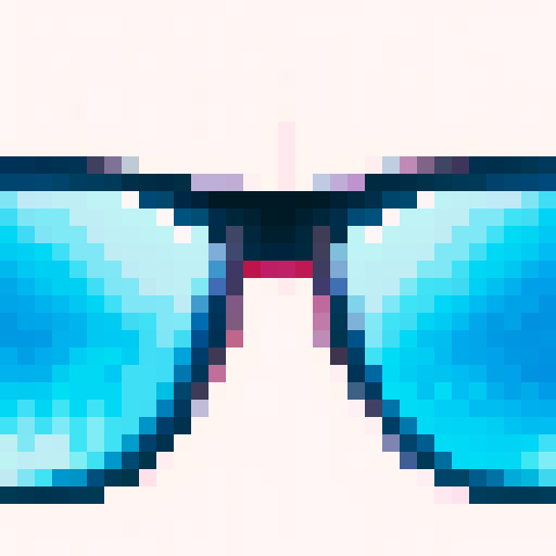 Neon pink and blue sunglasses with pixelated frames and a retro design, reflecting the city skyline at night, neutral perspective, medium shot