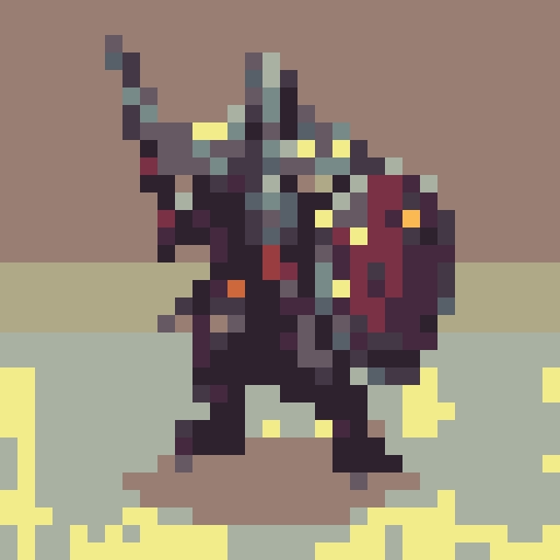 valiant knight, brown-haired, no helmet, wielding a sword and shield, shield embossed with a golden "V", oblique side view