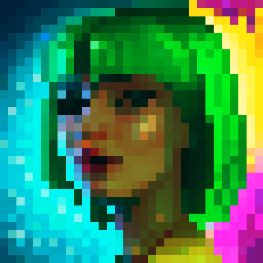 Female AI entity, futuristic cyberpunk, vibrant neon colors, glowing circuitry, mechanical augmentations, pixelated 16x16 game icon, close-up portrait, striking purple hair, piercing green eyes, metallic faceplate, intricate digital patterns, glitching holographic display

