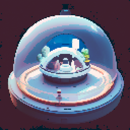 Inside of a sphere spaceship shaped like a gachapon with a clear top half looking out to space. In the middle of the room a capsule shaped container. cozy white space theme