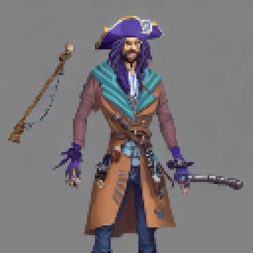 a pirate captain with a blue gemstone eyepatch covering his blind eye and a mechanical and wooden prosthetic leg. He likes to play with his blue gemstone dagger and wears a blue robe leather coat. He bullies a cthulhu-like creature that he keeps in a metal box.