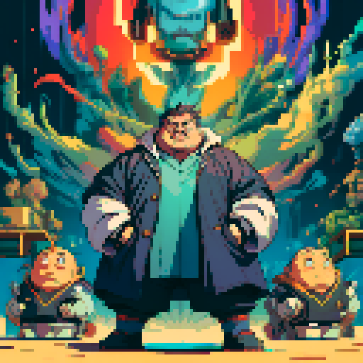 fat mad scientist, facing left, full-body image, exaggerated features, pixelated details, robot workshop backdrop, sRGB color palette
