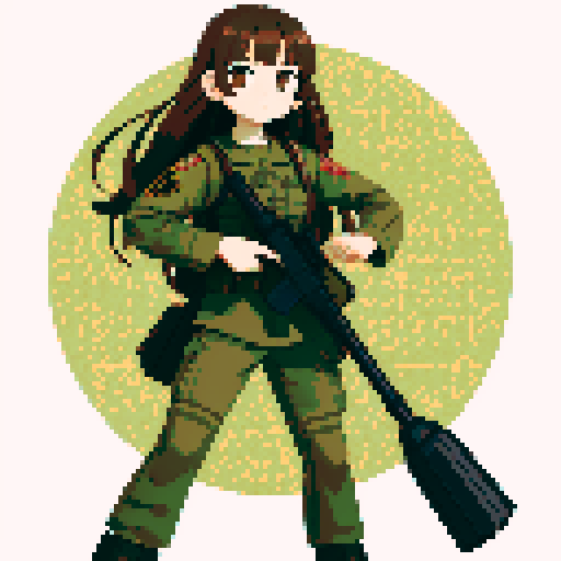 young girl, large round eyes, brown hair, brown eyes, wearing combat army uniform, a full-body standing pose, clean and detailed, centered composition, beautiful girl, long flowing hair, detailed eyes, slim figure, soft smile, round face, like Japanese anime