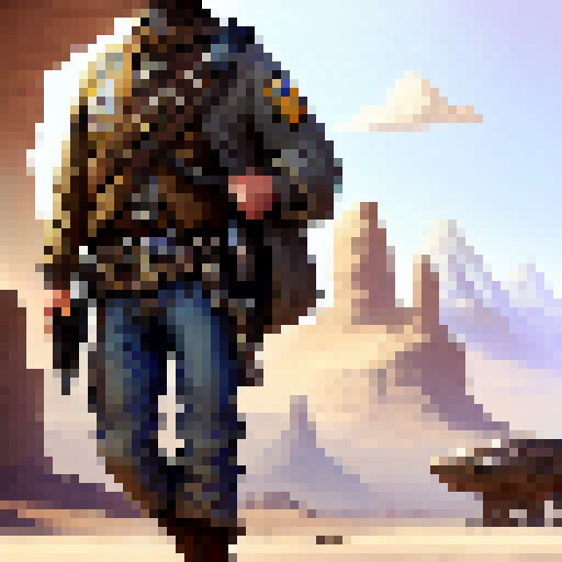 Old west marshal equipped with a sci-fi blaster, with a transparent background, with a moody and muted color palette and a stylized character sprite that fits perfectly into a top-down fantasy RPG game.