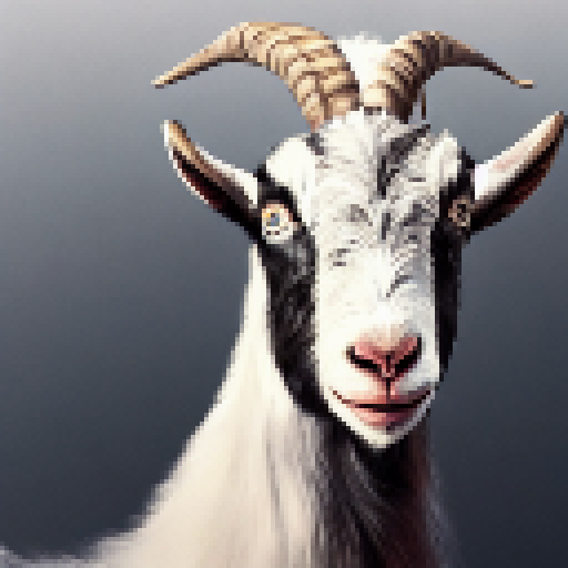 Goat, with shaggy fur and curved horns, stands confidently in front of towering speakers, blasting music and creating a vibrant landscape portrait.