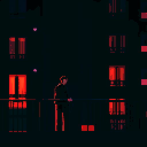 dark nighttime city apartment interior at night, balcony, melancholy, depressed, lonely man's apartment, sadness, dimly lit, bare