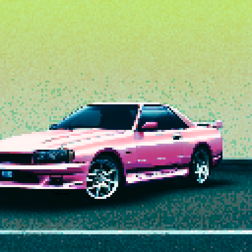Photorealistic whole Nissan Skyline GT-R, three-quarter view, right front wheel, clean background, sRGB colors, pixel art style
