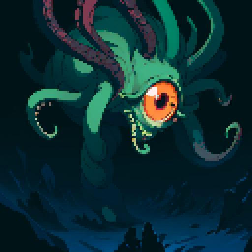 eldritch being, tentacles writhing, full body floating, brain pulsating, many eyes staring, eyeballs bulging, no humans, monsyer, sRGB pixel art