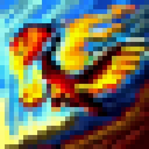 A fiery, winged dragon clashes with a stormy, lightning-filled sky over a mountainous landscape in pixel art reminiscent of classic video games.