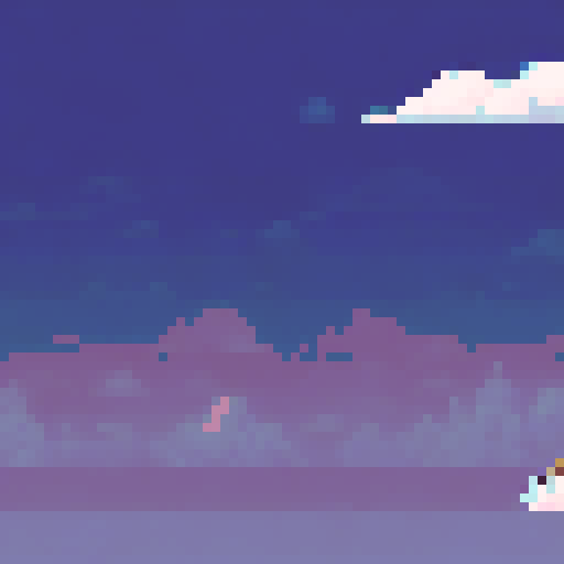 Can you generate a pixel art which resumes the following:

Once upon a time, in the mystical realm of Nephelia, where the skies were painted with hues of azure and clouds drifted peacefully, there lived a cute yet valiant creature known as Clood. Clood was not just any ordinary turtle; he was a guardian of the clouds, a protector of data, and a symbol of resilience against the forces of darkness.