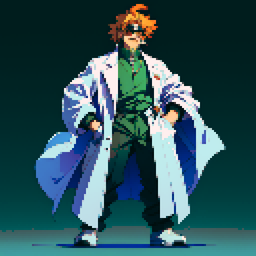 mad scientist facing left, lab coat, goggles, full-body image, pixel art, sRGB, no backdrop, no background