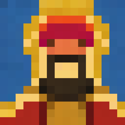 Sant Jarnail Singh Khalsa Bhindranwale, fierce and bearded, surrounded by armed followers, standing in front of the Golden Temple, rendered in a minimalist 16x16 pixel portrait.