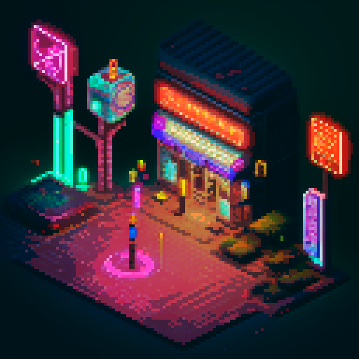 Isometric 2D cyberpunk street scene, vibrant neon lights, futuristic storefronts with glowing neon signs, reflective wet pavement, cybernetic-enhanced pedestrians, high-tech vehicles, mage girl floating in center, serene pose, fusion of mage robes and cyberpunk aesthetics with glowing runes, mystical aura amidst technology, focus on dynamic lighting and detailed environment