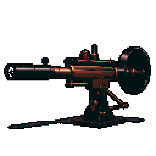 I want a copper rotary machine gun viewed from from the side. I want this object usable an asset in a videogame, meaning only one object per image, outlined with a strong black stroke, on a solid-color background.