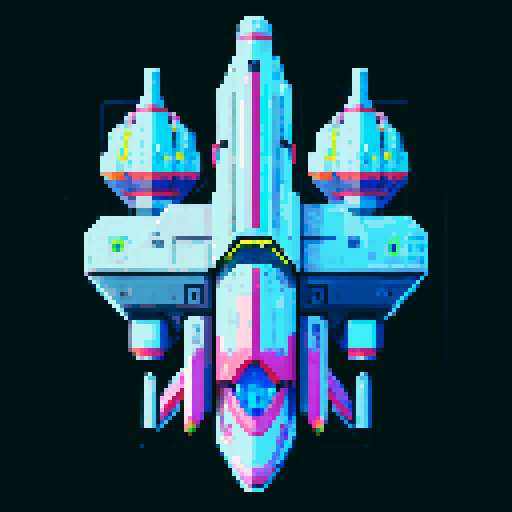 2d Spaceship in empty space, metallic exterior, retro aesthetic, pixelated details,blinking lights, wireframe outlines, geometric shapes, low-resolution textures, pixel art style, sRGB color space View from above.
shades of metallic silver and grays for the body, accented with bright blues or greens for the windows and thrusters. This palette evokes traditional, sleek, and advanced technological aesthetics.
