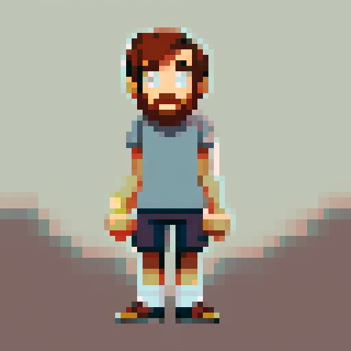 Asmongold, 2D sprite, grey shirt, shorts, pixel art, sRGB