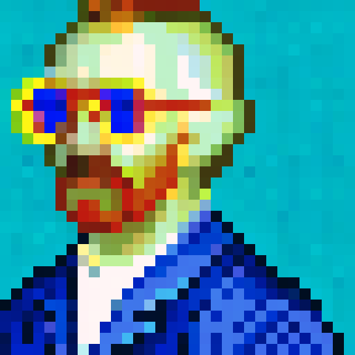 Vincent Van Gogh, king of cryptocurrency, close-up, pixel art portrait capturing his gold Gucci glasses, crown, and Gucci apparel in 32x32 resolution with a skill art style, reminiscent of a game icon