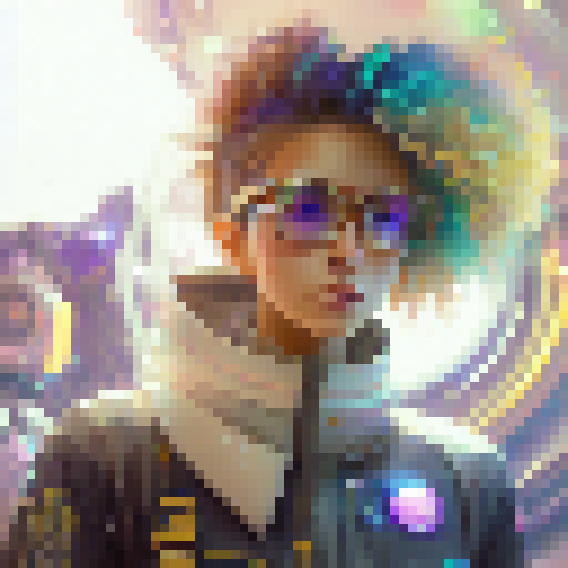 Anime-style, neon-lit, futuristic cityscape frames a rainbow-haired girl in oversized glasses and flowing dress, twirling and spinning under a starry sky.