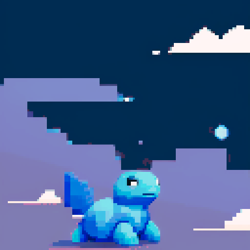 Can you generate a pixelized image which resumes the following:

Once upon a time, in the mystical realm of Nephelia, where the skies were painted with hues of azure and clouds drifted peacefully, there lived a cute yet valiant creature known as Clood. Clood was not just any ordinary turtle; he was a guardian of the clouds, a protector of data, and a symbol of resilience against the forces of darkness.