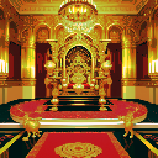 Golden litterbox, ornate and meticulously detailed, resembling a shrine of immense wealth, radiating opulence and extravagance, rendered in vibrant pixel art with rich hues and shimmering textures, evoking a sense of luxury and grandeur, bathed in the vibrant sRGB color space