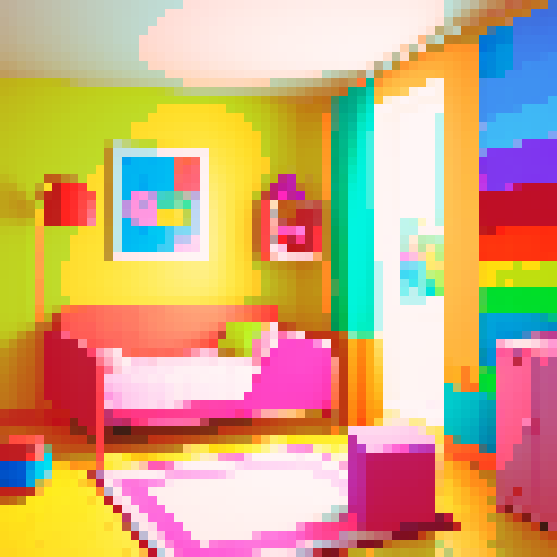 A cozy, colorful child's room with a vibrant, pixel art background, whimsical, toy-filled 