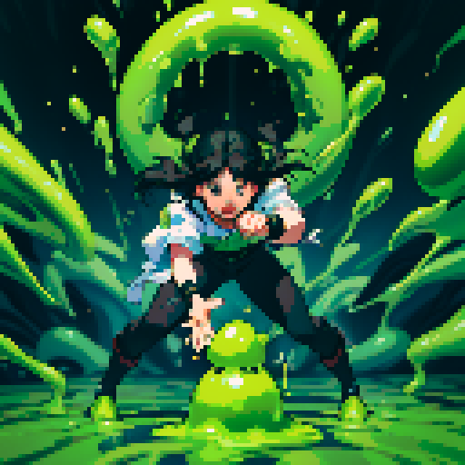 slime surging up around someone, slime engulfing a hero, slime consuming a hero, hero getting engulfed by slime, slime attack, dynamic, slime slamming into someone, impact, splashing slime, full-body image, full-body art, black hair, white outfit