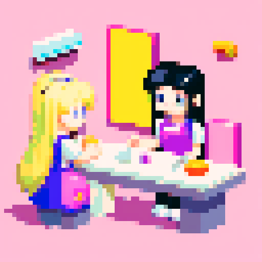 nail tech, long blonde hair, pink apron, girl, black hair, facing each other, table, nail salon, pixel art, sRGB