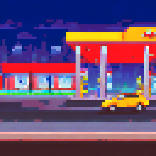 gas station exterior at midnight, illuminated pumps, glowing streetlights, pixelated cars, detailed brick texture, atmospheric fog