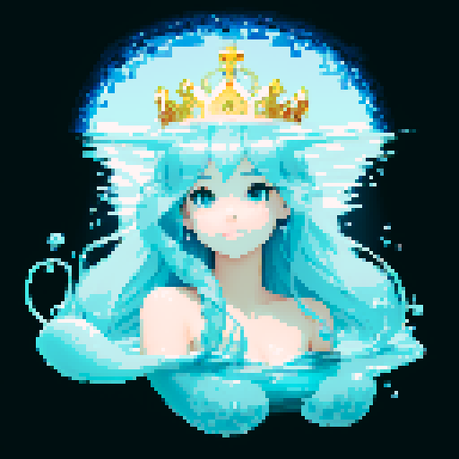 Create a close-up image of a mermaid with a crown, partially submerged underwater. Half of her face is above the water's surface, revealing her beautiful features. The underwater portion of her face should show her aquatic beauty, with the serene, mysterious ambiance of the ocean surrounding her. The crown should have an ethereal, shimmering quality, adding to her majestic presence.