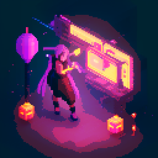  Mage anime girl with flowing hair, fluorescent tattoos, and a pixelated sniper rifle, navigating through a purple neon-lit night market and an sRGB glow