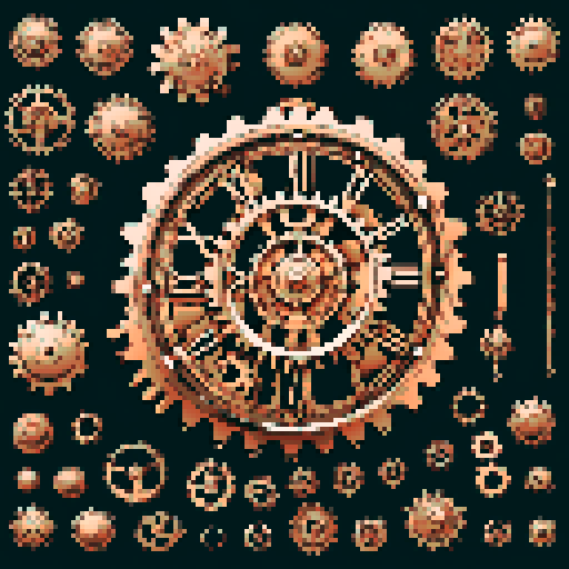 I want a copper gear that looks like it was made by a master clockmaker. It should have strange mechanical details that could interlock with each other. I also want this object usable an asset in a videogame, meaning only one object per image, outlined with a strong black stroke, on a solid-color background.