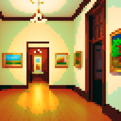 a warm and cozy art gallery with several paintings in view