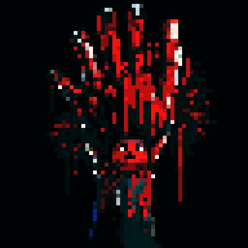 bloody, severed limb, gruesome, red splatters, pixelated, horror, gory detail, low resolution, violence, dark shadows, intense, macabre, graphic, distorted, sRGB colors, textured, unsettling, horror game, pixel art style