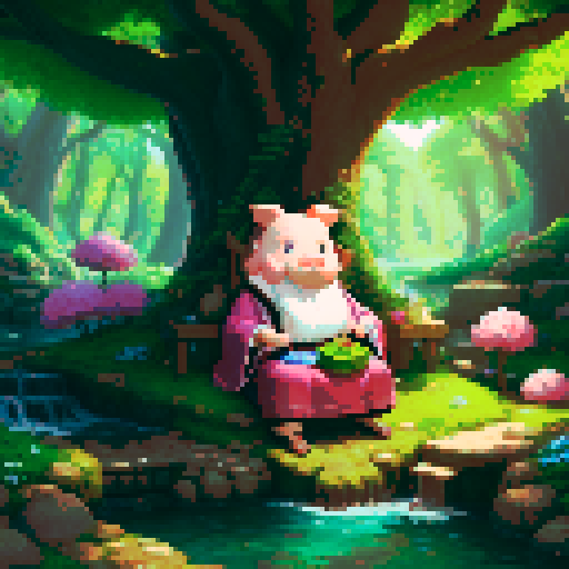 wise pig character with a long white beard, wearing a flowing robe, sitting under a towering oak tree, next to a small stream flowing through a lush, enchanted forest, surrounded by mystical creatures and glowing flowers, in a vibrant and detailed fantasy RPG art style