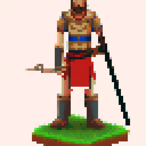 greek hoplite with copper armor, shield and corinthian style helmet without plume. red tunic and red edging on sandals. long spear. in a 32x32 sprite style