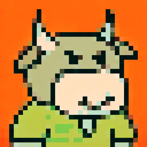 A pixel art portrait of a bull with a neutral expression, featuring a minimalist design with light skin tone, solid colors, Set against a solid orange background. The style is reminiscent of early video game characters, with a square aspect ratio.