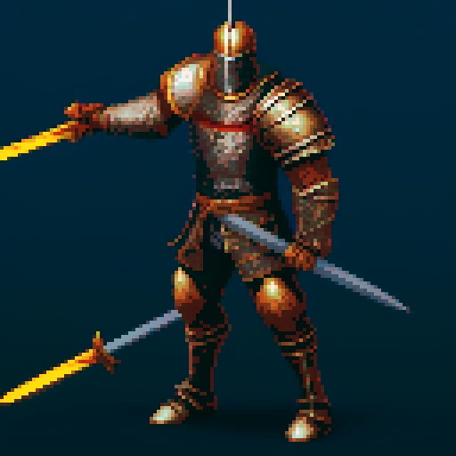 pixel art picture of a human male knight swinging a great sword with both hands, vibrant colors, detailed shading, and smooth lines, heavy armor, combat stance, muscular build, armored helmet, deep red and gold armor, detailed sword, detailed shading, smooth lines