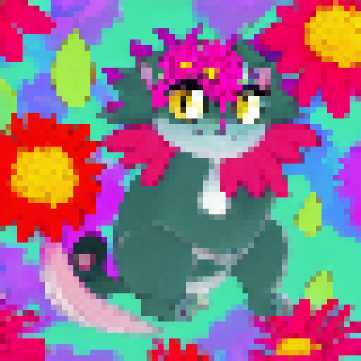 Laughing cat with big eyes, pink nose and fluffy fur, surrounded by colorful flowers and butterflies, in Anime style.