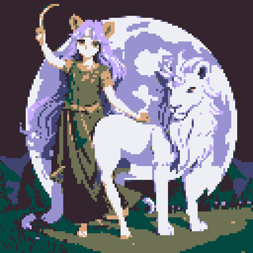 mystic druid wild faun-unicorn mythological woman, playful demeanor, forest guardian, full body with a lion tail, bathed in moonlight
