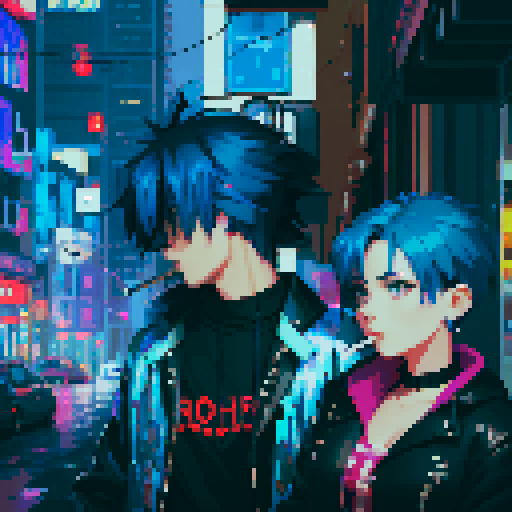 blue haired 90s pop girl on the right is smoking a cigarette, and the man on the left with black hair is holding a gun, night time rainy streets, grim