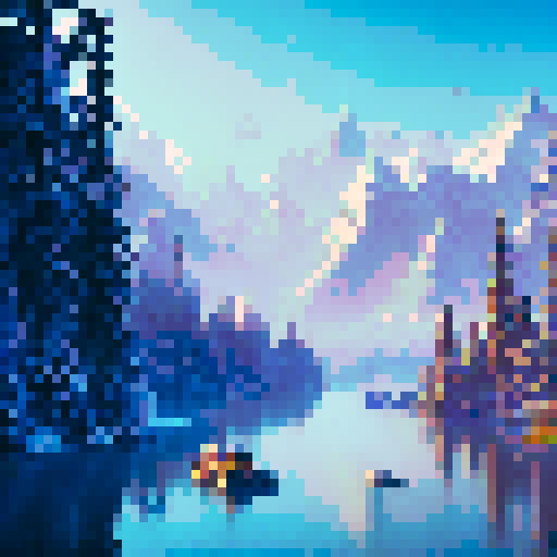 Towering skyscrapers, snow-capped mountains, a shimmering lake, and a palm tree oasis all come together in a pixel art landscape of Dubai in winter, set against a vibrant sRGB background