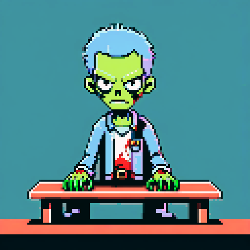 Zombie with limbs detached, laying on table, looking at camera,  pixel art, sRGB