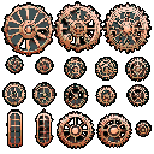 I want a copper gear that looks like it was made by a master clockmaker. It should have strange mechanical details that could interlock with each other. I also want this object usable an asset in a videogame, meaning only one object per image, outlined with a strong black stroke, on a solid-color background.