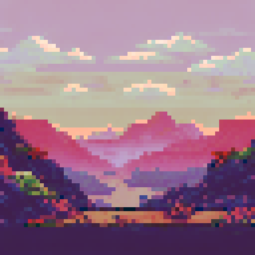 Barren wasteland, desolate mountains, jagged rocks, dry cracked earth, arid cacti, abandoned ruins, fading sunset, pixelated sand dunes, sRGB colors, pixel art, detailed background, vast landscape