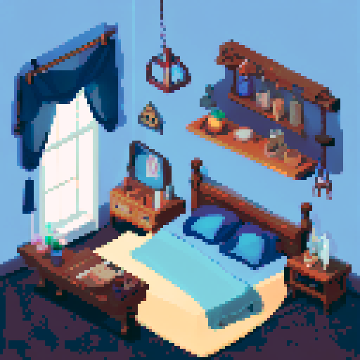 isometric view of a bedroom with a bed, a dresser, a desk with a laptop. a window, a table and chairs