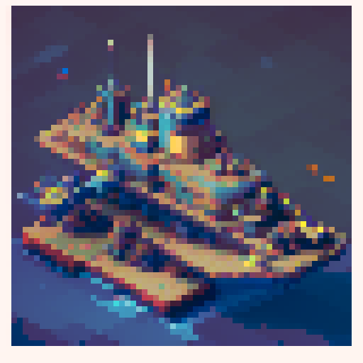 battleship with two guns, retro, vibrant colors, blocky shapes, isometric perspective, 8-bit, detailed shading
