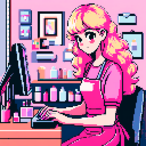 girl with long, wavy, blonde hair, pink apron, sitting at desk, doing girl's nails, nail salon, pixel art, sRGB
