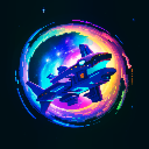 spaceship, sideview, vibrant galaxy, swirling nebulas, twinkling stars, pixel art, srgb