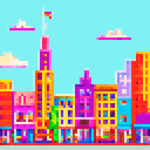 hello, a vibrant and colorful pixel art depiction of a lively cityscape with towering buildings and bustling streets, capturing the essence of sRGB