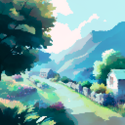 A scenery from the top of the mountain of a serene farm village and field during autumn